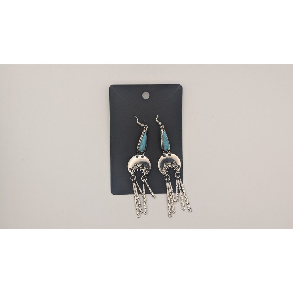 Women’s Boho Turquoise Dangle Earrings – Silver Tone Western Style – Pre-Owned